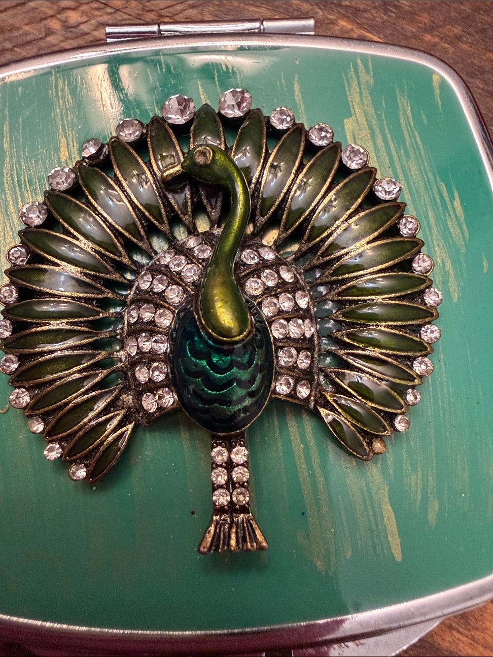 Vintage Style Jeweled Peacock Compact Mirror - Seafoam Green & Rhinestone Accent
